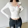 Long Sleeve Square-Neck Accent Lace-Trim Plain Slim-Fit Crop Top