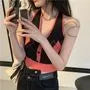 Halter Neck Button Accent Two-Tone Argyle Crop Sweater Vest