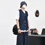 V-Neck Contrast Stitched Washed Button-Up Denim Cargo Vest