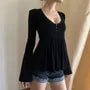 Bell Sleeve V-Neck Lace-Trim Plain A-Line T-Shirt