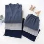Pajama Set: Elbow-Sleeve Plain Kimono Top + Elastic Waist Pants