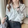 Long-Sleeve Collar Pinstriped Blouse