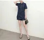 Set: Short-Sleeve Collared Asymmetrical Contrast Stitched Ruched Button-Up Blouse + High Waist Wide Leg Shorts