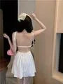 Tie Shoulder Plain Backless Mini A-Line Dress