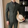 Set: Peak Lapel Melange Double-Breasted Blazer + V-Neck Vest + Mid Rise Straight Leg Dress Pants