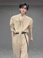 Long-Sleeve Tie Neck Plain Button Up Shirt / Mid Rise Plain Wide Leg Dress Pants / Set