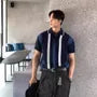 Elbow-Sleeve Drop Shoulder Striped Knit Polo Shirt