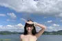 Set: Tie Front Panel Mesh Bandeau Bikini Top + Bottom + Ruffle Cover Up Skirt