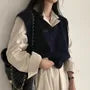 Long-Sleeve Notch Lapel Plain Midi Shirt Dress / V-Neck Sweater Vest