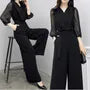 Puff-Sleeve V-Neck Plain Tie Waist Wide Leg Jumpsuit