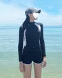 Set: Long-Sleeve Two Tone Zip-Up Rash Guard + Swim Shorts