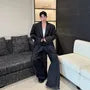 Set: Plain Sing-Breasted Blazer + High Waist Wide Leg Pants