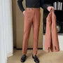 Set: Lapel Collar Melange Single-Breasted Blazer + V-Neck Vest + Mid Rise Straight Leg Dress Pants