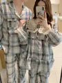 Couple Matching Long Sleeve Contrast Collar Plaid Ruffle Pajama Dress / Long Sleeve Blouse / Shirt / Straight Leg Pants / Set (Various Designs)