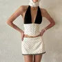 Halter V-Neck Color-Block Dotted Corset Tank Top / Low Rise Mini Pencil Skirt