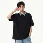 Mock Two-Piece Elbow-Sleeve Plaid Collar Polo Shirt