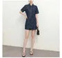Set: Short-Sleeve Collared Asymmetrical Contrast Stitched Ruched Button-Up Blouse + High Waist Wide Leg Shorts