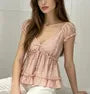 Puff Sleeve V-Neck Polka Dot Ruffled-trim A-Line Blouse