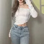 Long-Sleeve Off-Shoulder Asymmetrical Hem Crop Top
