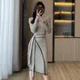 Long Sleeve Mock Neck Contrast Trim Tie-Waist Ribbed Knit Midi Sheath Dress