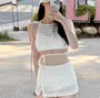Set: Plain Tie Back Tankini Top + Slit Swim Skirt