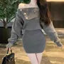 Long Sleeve Off Shoulder Plain Button Mini Sheath Sweater Dress