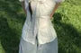 Puff Sleeve Scoop Neck Plain Panel Slim-Fit Button-Up Shirt