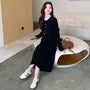Maternity Long-Sleeve Collared Half-Buttoned Plain Midi Shift Knit Dress