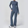 Long-Sleeve Half-Zip Plain Flared Yoga Jumpsuit
