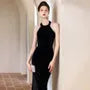 S - Sleeveless Halter Neck Plain Velvet Maxi Sheath Dress