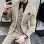 Set: Notch Lapel Plaid Single-Button Blazer + Single-Breasted Vest + Mid Rise Cropped Tapered Dress Pants