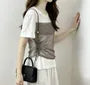 Short Sleeve Mock Two Piece Mesh Panel Side Drawstring Slim-Fit Top