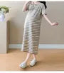 Maternity Short-Sleeve Collar Striped Midi T-Shirt Dress