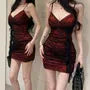 Spaghetti Strap V-Neck Lace Panel Ruched Mini Bodycon Dress