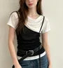 Short Sleeve Mock Two Piece Cowl Neck Color-Block Slim-Fit Top