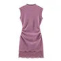 Sleeveless Mock Neck Plain Ruched Panel Lace Mini A-Line Dress