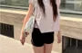 Short-Sleeve Square Neck Double Breasted Plaid Crop Blouse