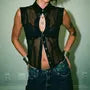 Sleeveless Plain Ruffled-Trim Sheer Slim-Fit Blouse