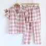 Pajama Set: Short-Sleeve Lapel Collar Plaid Button-Up Top + Shorts + Pants