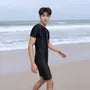 Short-Sleeve Half Zip Plain Swimsuit