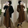 Maternity Long-Sleeve Crew Neck Plain Midi Tunic Dress / Crew Neck One-Buttoned Cardigan / Set