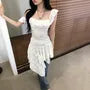Square-Neck Ruffled-Trim Plain Slim-Fit Crop Tank Top / Low Waist Lace See-Through Asymmetric-Hem Mini Skirt