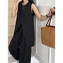 Set: Sleeveless Round Neck Plain Panel Slit Top + High Waist Wide Leg Pants