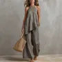 Set: Plain Asymmetrical Camisole Top + High Waist Wide Leg Pants