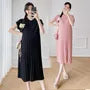 Maternity Short Sleeve Collared Plain Accordion Pleated Knit Midi A-Line Dress