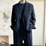 Lapel Collar Plain Double Breasted Blazer / Mid Rise Plain Wide Leg Pants