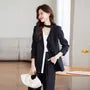 V-Neck Plain Single Button Blazer / Mid Rise Plain Wide Leg Dress Pants / Set