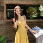 Spaghetti Strap Square Neck Plain Pleated Midi A-Line Dress