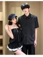 Couple Matching Short-Sleeve Pinstriped Button-Up Shirt / Gathered-Waist Tube Top / Mid Rise Shorts