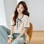 Short-Sleeve Flower Embroidered Bow Blouse